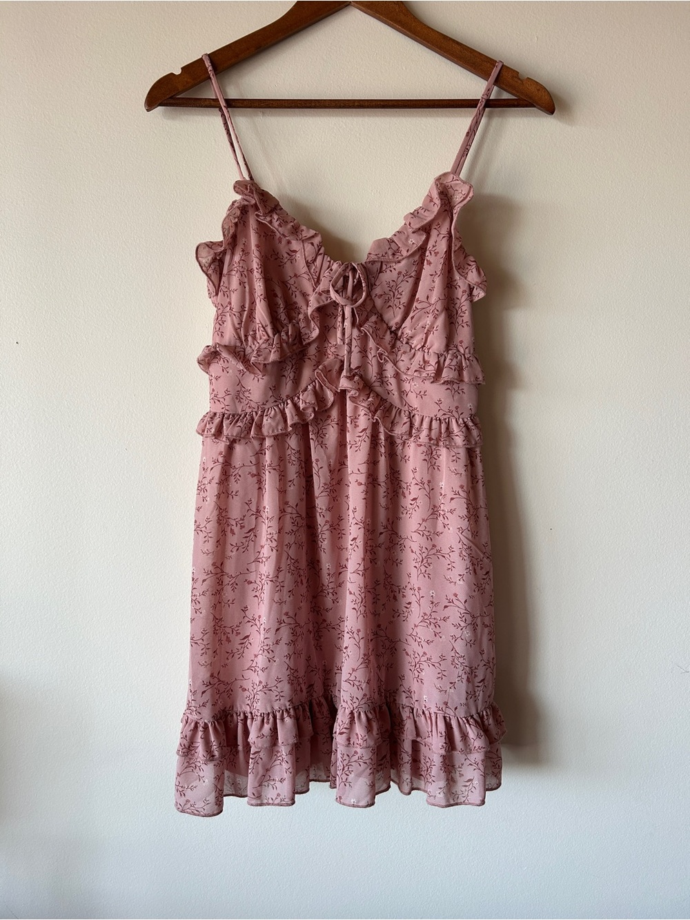 Ruffled Floral-Print Mini Dress in Dusty Pink